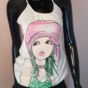Cute Ivory color graphic tank top w/ rhinestones